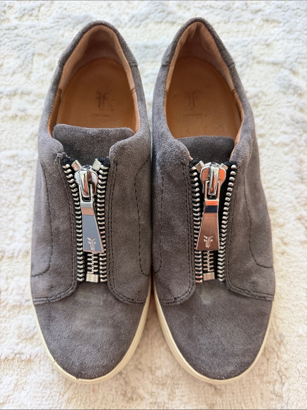 Frye Grey Suede Zip-Front Slip-On Loafers